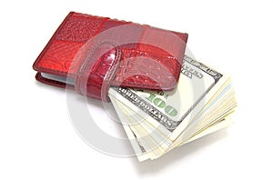 Money in a red wallet on a white background close-up. Business, Finance, banknotes