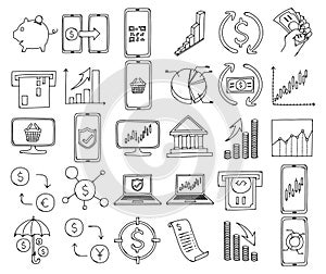 Money Related Doodle vector icon set. Drawing sketch illustration hand drawn line eps10