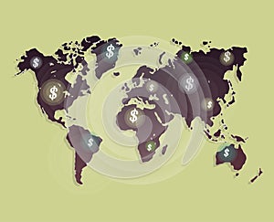 Money revolves around the world. Vector cartoon business.