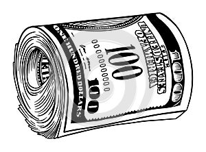 Money roll one hundred US dollars - vector illustration - Out line