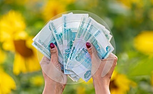 Money rubles in the hands of a girl in a field with sunflowers