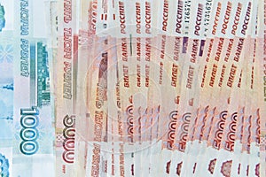 Money on Russia. Close-up of Russian rubles on five thousand and one thousand banknotes. Finance concept.