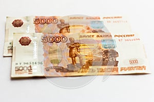 Money, Russian paper money, banknotes of different denominations on white background