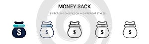 Money sack icon in filled, thin line, outline and stroke style. Vector illustration of two colored and black money sack vector