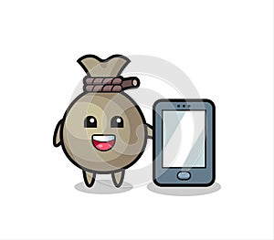 Money sack illustration cartoon holding a smartphone