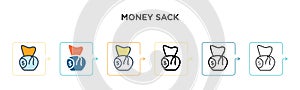 Money sack vector icon in 6 different modern styles. Black, two colored money sack icons designed in filled, outline, line and