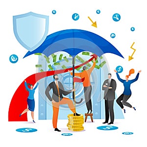 Money in safe, business finance protection, vector illustration, man woman character protect cash in bank, financial