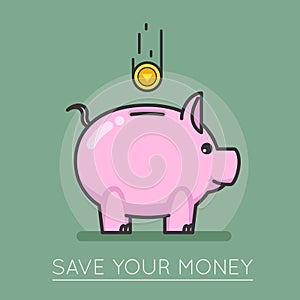 Money saving bank coin pig concept lineart design vector illustration