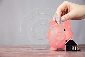 Money saving for buying a new house in pink piggy bank , real estate,mortgage,loans,business concept with space for text copy