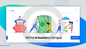 Money Saving Concept Banner with Business People Characters, Piggy Bank and Money Tree. Financial Savings Profit
