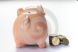 Money saving concept. business hand putting golden coin in to piggy bank with stack coins on wood table isolated on white backgrou