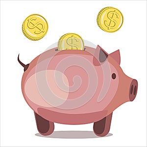 Money saving concept. Golden coins falling one by one into pink piggybank over white background.