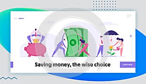 Money Saving Concept Landing Page with Business People Characters, Piggy Bank and Money Tree. Financial Savings Profit