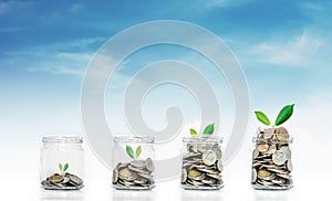 Money saving growth concepts, glass jar with coins and plants growing, on blue sky background