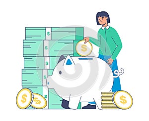 Money saving, woman with piggy bank collecting dollar banknotes and gold coins. Rich girl putting money to piggy bank vector