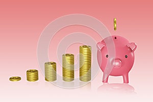 Money Savings Concept, Putting a coin into Piggy bank, Banner background with copy space, 3d renderings