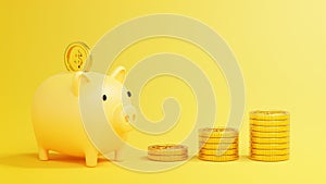 Money Savings Concept, Putting a coin into Piggy bank with stack of golden coins