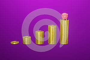 Money Savings Concept, stacked gold coins 5 rows 3d rendering