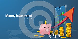 Money Savings and Investment Concept, Stock trading on smartphone and coin growth with arrow chart, Putting coin into piggy bank,