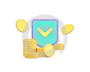Money savings protection financial banking secure coin cash shield checkmark 3d icon vector