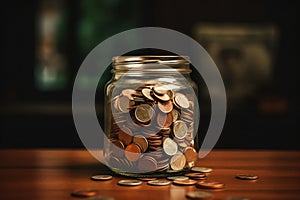 money savings on transparent jar with coin on top of wooden table, generative AI