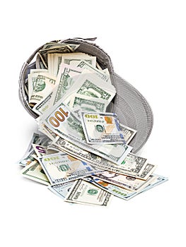 Money scattered from the baseball cap on white background