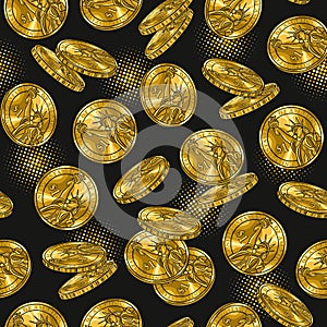 Money seamless pattern with falling shiny gold coins, dotty halftone circles