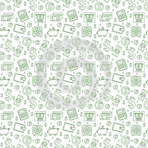 Money seamless pattern, line style. Finances endless background. Business, bank repeating texture with dollars, coins
