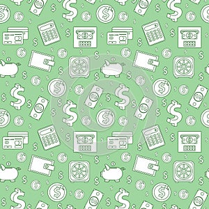 Money seamless pattern, line style. Finances endless background. Business, bank repeating texture with dollars, coins