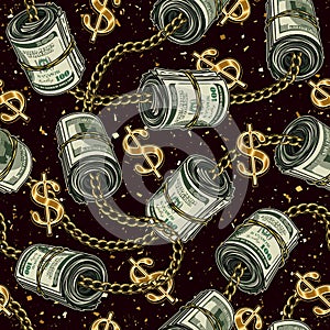 Money seamless pattern with rolls of 100 dollars bills, gold chains, dollar sign