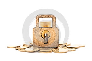 Money and Security Concept. Closeup of  wooden master key lock icon with pile and stack of gold coins on white background