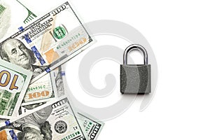Money security. One hundred dollars of America with lock isolated on white. Usd cash money background