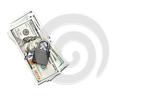 Money security. One hundred dollars of America with lock isolated on white. Usd cash money background with copy space. Flat lay,
