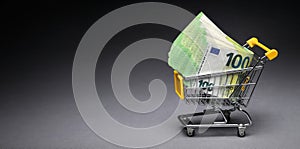 Money in a shopping cart: a finance concept shot