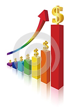 Money sign on multicolor bar diagram