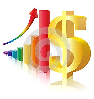 Money sign before multicolor bar diagram