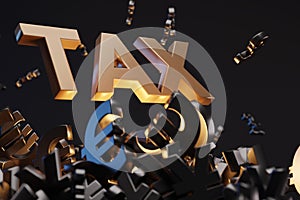 Money signs with acronym `TAX` - `Value Added Tax`, studio background. Business concept and copy space