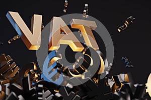 Money signs with acronym `VAT` - `Value Added Tax`, studio background. Business concept and copy space