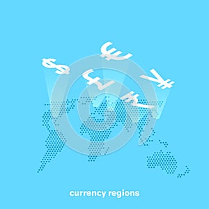 Money signs over a world map, isometric