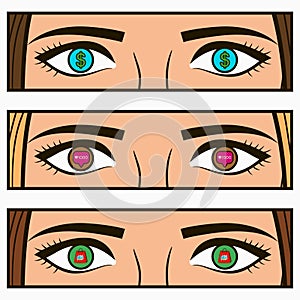 Money, social network icon - follow and sale signs in female eyes. Comic pop-art illustration with girl interests in her eye.