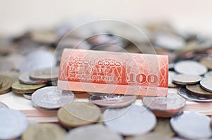 Money Sri Lankan  Hundred ruppee bill and asorted coins  on white background