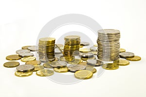 Money, stack of coins on white background. Saving money concept. Growing business. Confidence in the future.