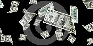 Money stack. Hundred dollars of America. Falling money isolated, us bill black background.