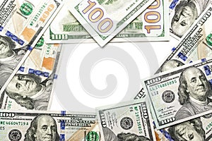 Money stack. Hundred dollars of America. Falling money isolated, us bill white background.