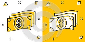 Money stack icon in comic style. Exchange cash cartoon vector illustration on white isolated background. Banknote bill splash