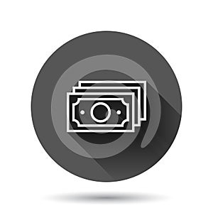 Money stack icon in flat style. Exchange cash vector illustration on black round background with long shadow effect. Banknote bill