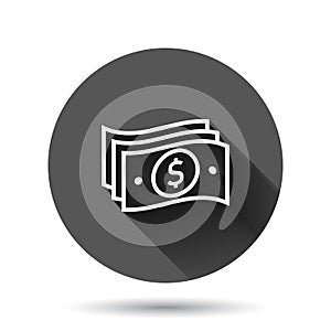 Money stack icon in flat style. Exchange cash vector illustration on black round background with long shadow effect. Dollar