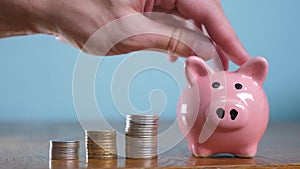 Money stack pile step growing money and piggy bank. Concept savings with piggy bank and stacked coins. Piggy bank