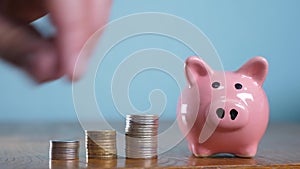 Money stack pile step growing money and piggy bank. Concept savings with piggy bank and stacked coins. Piggy bank