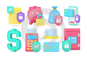 Money storage financial transaction protect online payment safe savings secure set 3d icon vector